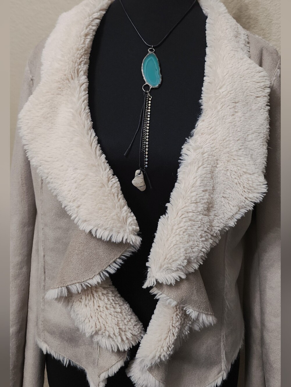 Beige Cream Faux-Shearling Trim Suede Crop Jacket